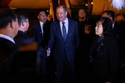 Russian Foreign Minister Sergey Lavrov takes part in a welcoming ceremony upon his arrival in Pyongyang on Wednesday.