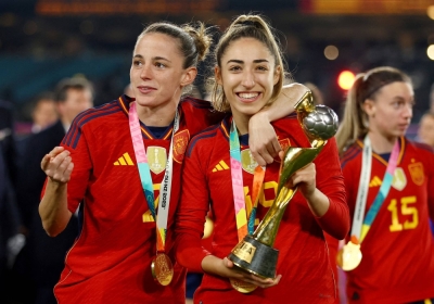 Spain's Olga Carmona and Ona Batlle celebrate after the Women's World Cup final in Sydney on Aug. 20. The team had been in dispute with the Spanish federation before the tournament.