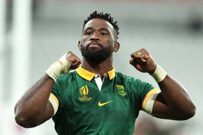 South Africa's Siya Kolisi celebrates after his team's quarterfinal win over France at the Rugby World Cup in Saint-Denis, France, on Oct. 15.