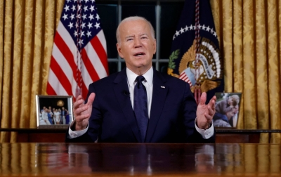 U.S. President Joe Biden delivers a prime-time address to the nation about his approaches to the conflict between Israel and Hamas, humanitarian assistance in Gaza and continued support for Ukraine in their war with Russia, from the Oval Office of the White House in Washington, on Thursday.