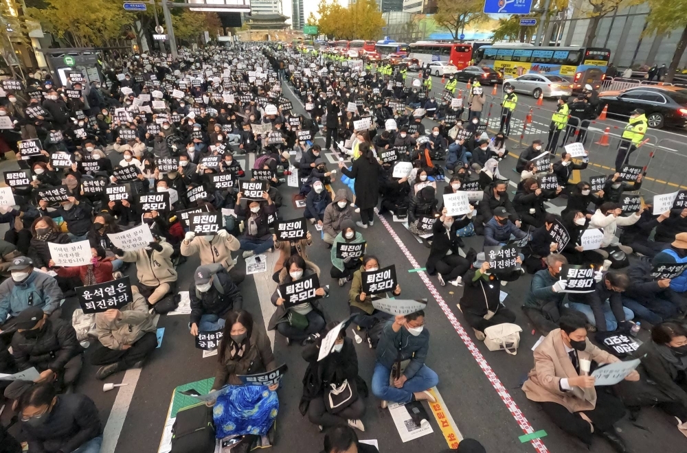 People demonstrate against the government on Nov. 5, 2022, after nearly 160 people died in a crowd crush in Seoul's Itaewon district on Halloween that year.