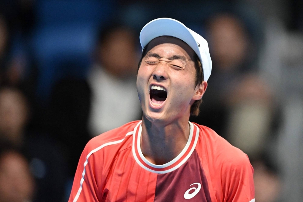 Japan's Shintaro Mochizuki reacts after a point during his semifinal loss to Aslan Karatsev in Tokyo on Saturday. 