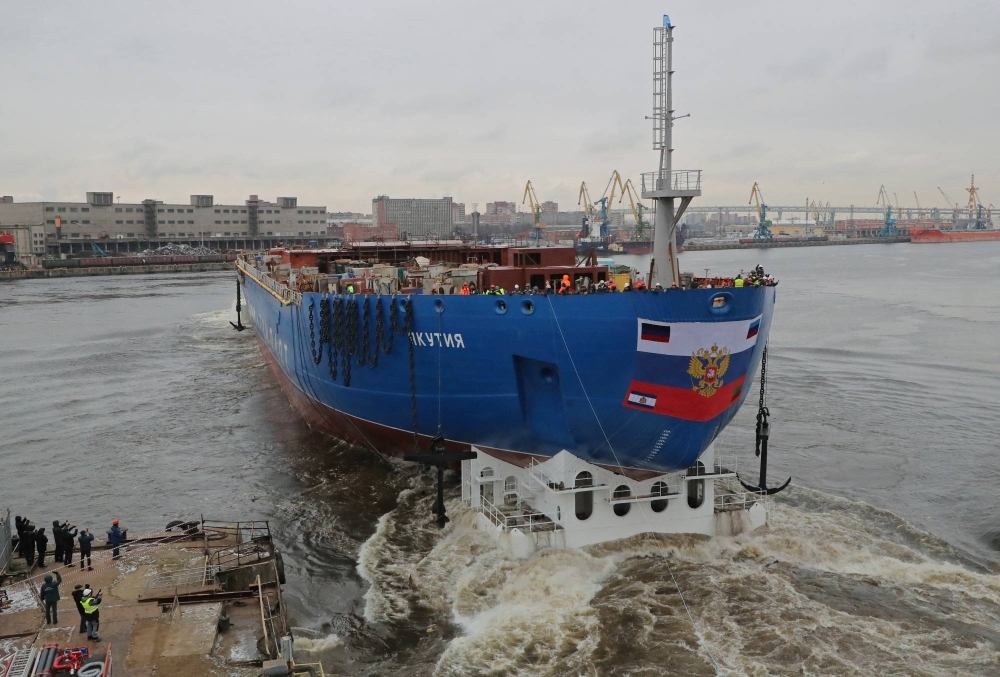 The nuclear-powered icebreaker Yakutia during the ship's launch ceremony in Saint Petersburg, Russia, in November 2022