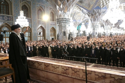 Iranian Supreme Leader Ayatollah Ali Khamenei waves during a public rally in Mashhad, Iran, in March. 