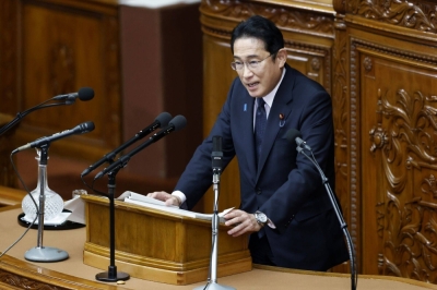 Prime Minister Fumio Kishida delivers a policy speech during an extraordinary session of parliament in Tokyo on Monday.
