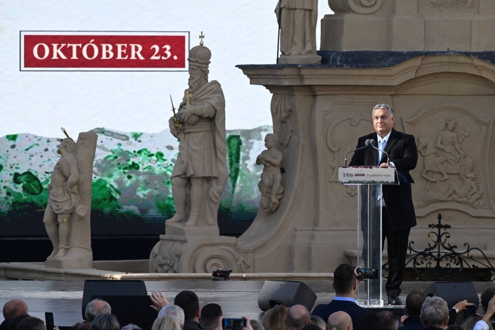 Hungarian Prime Minister Viktor Orban delivers a speech Monday during celebrations for the 67th anniversary of the Hungarian Uprising of 1956, in Veszprem, Hungary.