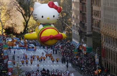 A Hello Kitty balloon is paraded down 6th Ave during the 91st Macy's Thanksgiving Day Parade in New York City in November 2017.