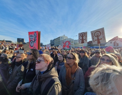 Women gather for a demonstration during a women’s strike in Reykjavik, Iceland, on Tuesday.