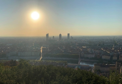 The city of Lyon after sunrise from the Fourviere esplanade as France issued a "red alert" for four southern regions amid a spell of excessively hot weather in August. 