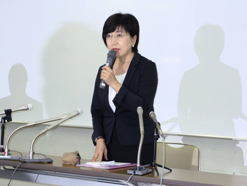 Yayoi Kimura, mayor of Tokyo's Koto Ward, speaks during a news conference in Tokyo in August.