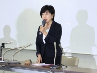 Yayoi Kimura, mayor of Tokyo's Koto Ward, speaks during a news conference in Tokyo in August. | Kyodo
