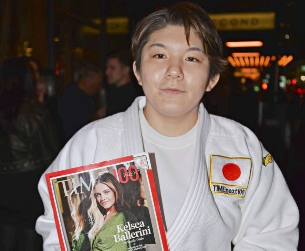 Rina Gonoi, clad in a judo outfit, attends an event in New York on Tuesday to mark her selection by Time magazine as one of this year's 100 emerging world leaders.