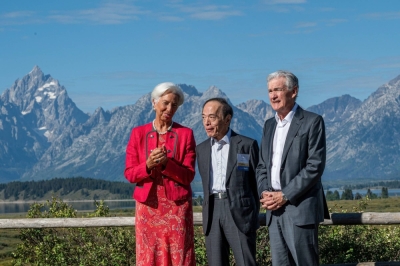 Bank of Japan Gov. Kazuo Ueda meets with European Central Bank President Christine Lagarde and U.S. Federal Reserve Chairman Jerome Powell at the Jackson Hole economic symposium in Moran, Wyoming, on Aug. 25.