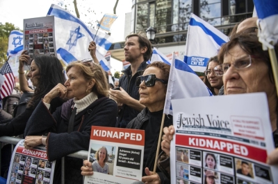 Demonstrators at a rally near the U.N. headquarters in support of the Hostage and Missing Families Forum, a group working to advocate for hostages kidnapped from Israel, in New York on Tuesday