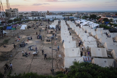 Tents for displaced Palestinians at a camp, operated by the United Nations Relief and Works Agency, in western Khan Younis, Gaza, on, Oct. 17.