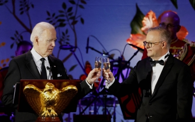 U.S. President Joe Biden toasts with Australian Prime Minister Anthony Albanese during an official state dinner at the White House in Washington on Wednesday.