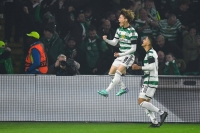 Celtic's Kyogo Furuhashi celebrates after scoring against Atletico Madrid in their Champions League group match in Glasgow, Scotland, on Wednesday.  | AFP-JIJI