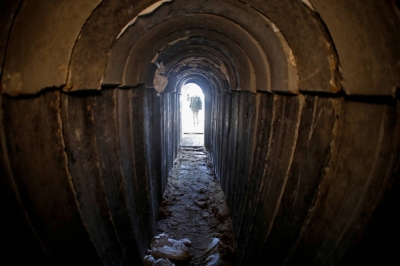 The interiors of what the Israeli military say is a cross-border attack tunnel dug from Gaza to Israel, on the Israeli side of the Gaza Strip border near Kissufim in 2018.