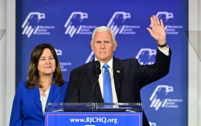 Former U.S. Vice President Mike Pence, with his wife Karen Pence, speaks at an event in Las Vegas on Saturday. 