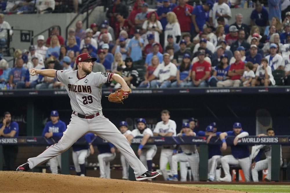 Arizona Diamondbacks pitcher Merrill Kelly during the seventh inning of his team's Game 2 victory in the World Series in Arlington, Texas
