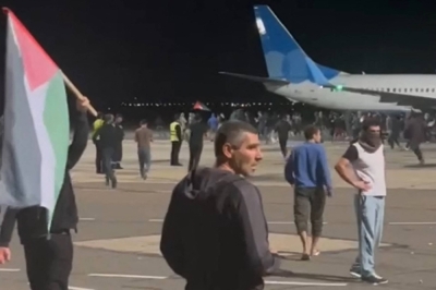 A mob looking for Israelis and Jews overran an airport in Russia's Caucasus republic of Dagestan on Sunday, after rumors spread that a flight was arriving from Israel in this image taken from video posted to Telegram.