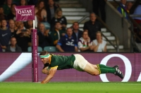 South Africa's Malcolm Marx scores a try during a Rugby World Cup warmup game against New Zealand in London on Aug. 25. | Action Images / via Reuters