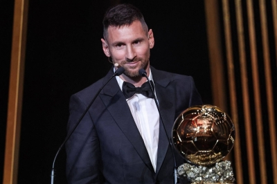Inter Miami's Lionel Messi receives his 8th Ballon d'Or award during the 2023 Ballon d'Or France Football award ceremony in Paris on Monday.