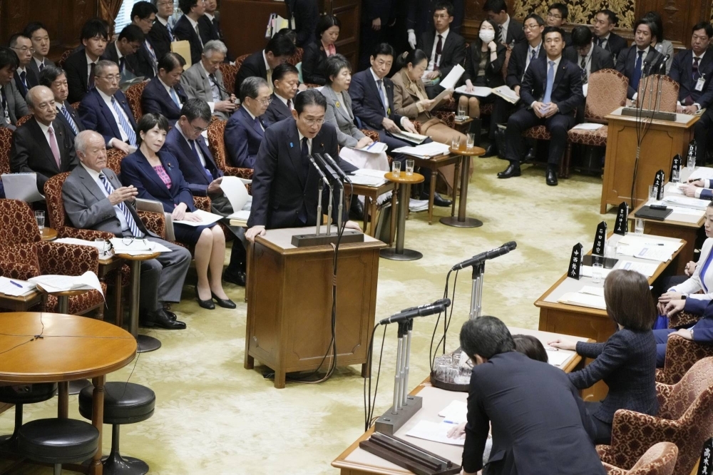 Prime Minister Fumio Kishida answers questions during an Upper House Budget Committee session on Tuesday.