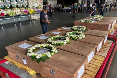 Coffins carrying bodies of Thai migrant agricultural workers who were killed in an attack by the Palestinian militant group Hamas on Israel, arrive at Bangkok's Suvarnabhumi Airport, Thailand, on Oct. 20