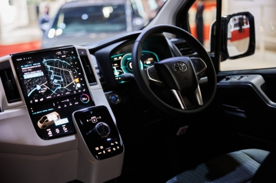 The interior of a Toyota Global HiAce electric vehicle concept on display during the Japan Mobility Show in Tokyo on Oct. 26
