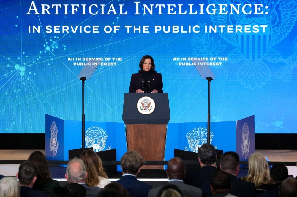 U.S. Vice President Kamala Harris speaks about Artificial Intelligence during the first day of the AI Safety Summit 2023, in London on Wednesday. 