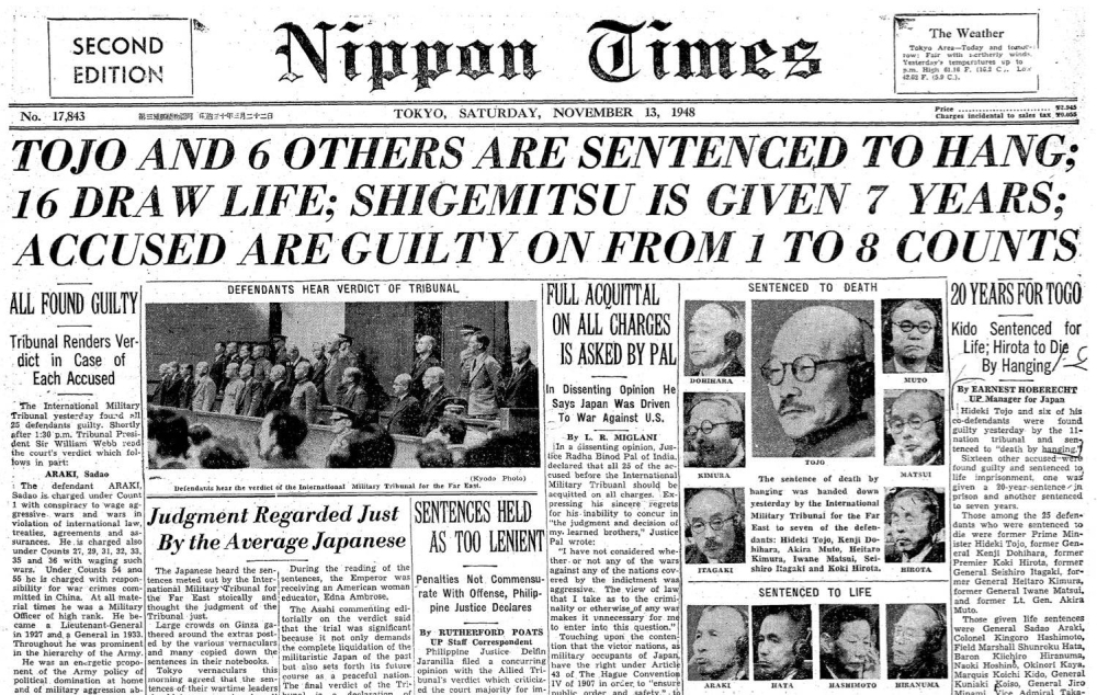 The front page of The Japan Times from Nov. 13, 1948, heralds the verdicts given to Japan's war criminals.
