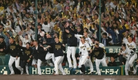 Hanshin players celebrate Morishita's come-from-behind two-run triple | Kyodo