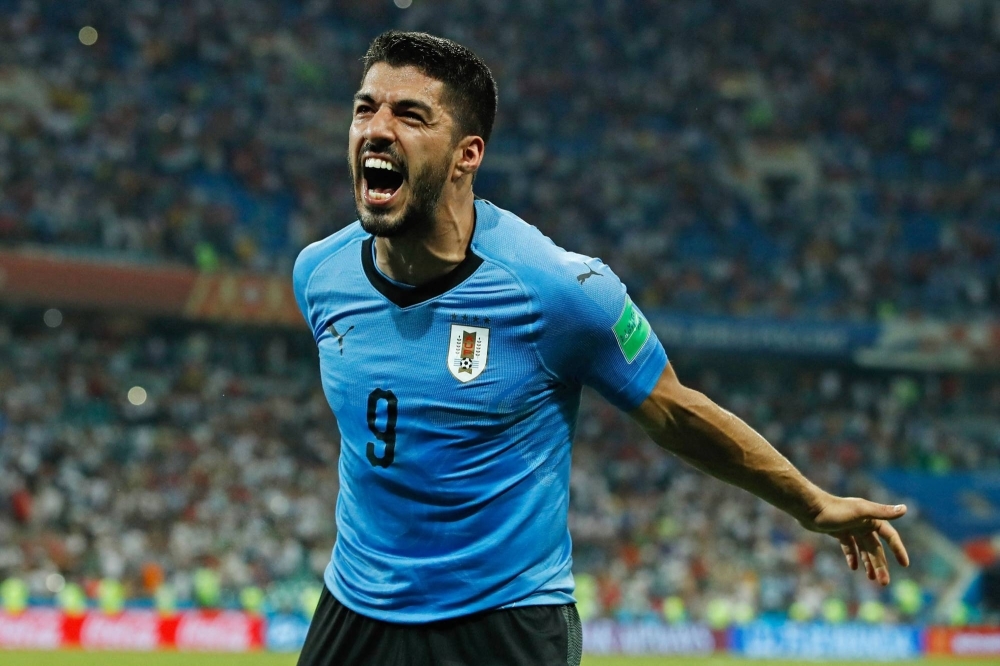 Uruguay forward Luis Suarez celebrates a win after a World Cup match in 2018 in Sochi, Russia. 