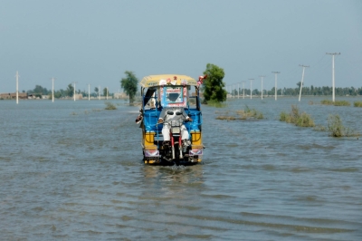 A road is flooded in Mehar, Pakistan, in August 2022.