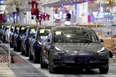  Tesla Model 3 vehicles at the company's factory in Shanghai in January 2020