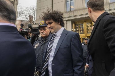 Sam Bankman-Fried, founder of FTX, exits the federal courthouse in Manhattan in February.