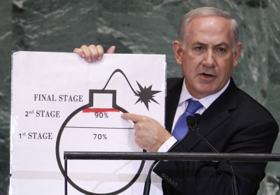 Israeli Prime Minister Benjamin Netanyahu points to a red line he drew on the graphic of a bomb used to represent Iran's nuclear program as he addresses the United Nations General Assembly at the U.N. headquarters in New York in September 2012.