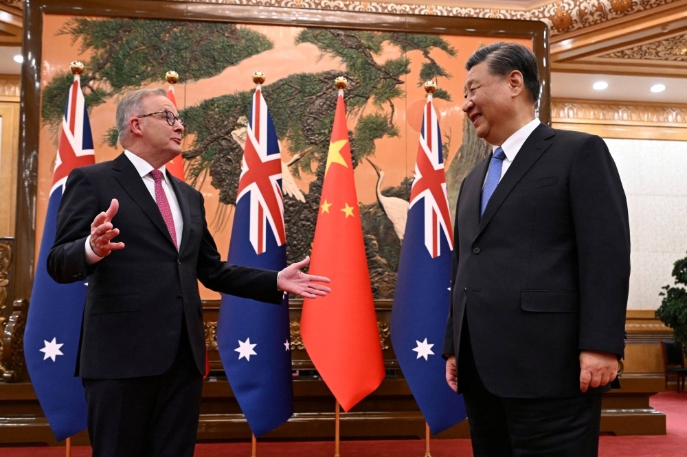 Australian Prime Minister Anthony Albanese meets with Chinese President Xi Jinping at the Great Hall of the People in Beijing on Monday.