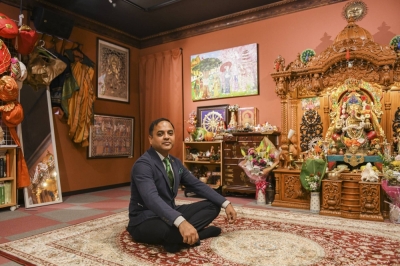 Yogendra Puranik, the first person from India to win elected office in Japan, at the Indian cultural center he manages in Tokyo's Edogawa Ward in October 2022.