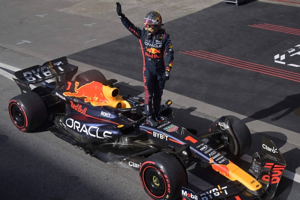 Red Bull Racing's Dutch driver Max Verstappen celebrates after winning the Formula One Brazil Grand Prix in Sao Paulo on Sunday.