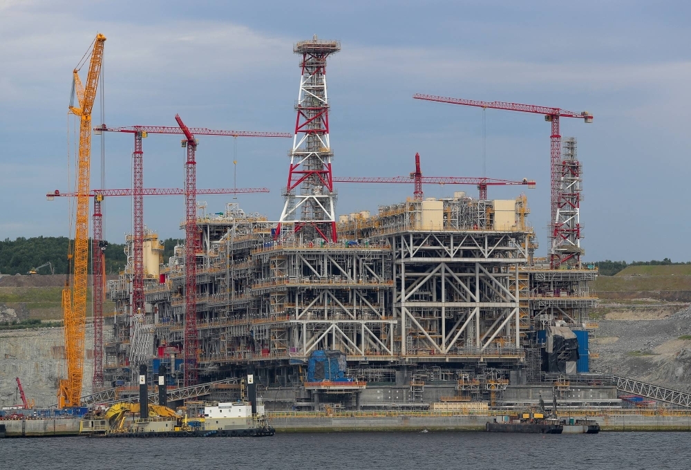 A structure of the Arctic LNG 2 joint venture is seen under construction near the settlement of Belokamenka, Murmansk region, Russia, in July last year