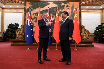 Australian Prime Minister Anthony Albanese meets with Chinese leader Xi Jinping at the Great Hall of the People in Beijing on Monday.  