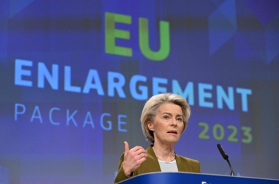 President of the European Commission Ursula von der Leyen speaks during a press conference on the 2023 Enlargement package and the new Growth Plan for the Western Balkans at the EU headquarters in Brussels Wednesday.
