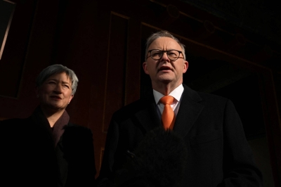 Australian Foreign Minister Penny Wong and Prime Minister Anthony Albanese attend a news conference after visiting the Temple of Heaven in Beijing on Monday.
