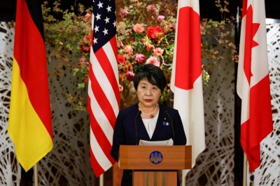 Foreign Minister Yoko Kamikawa attends a news conference during the Group of Seven foreign ministers meeting in Tokyo on Wednesday. The Oct. 7 surprise attack by Hamas on Israel fundamentally changed the nature of this year's meeting.