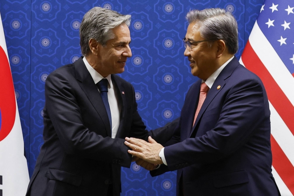 U.S. Secretary of State Antony Blinken meets with South Korean Foreign Minister Park Jin at the Ministry of Foreign Affairs in Seoul on Thursday.