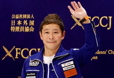 Billionaire Yusaku Maezawa attends a news conference after returning to Japan following a 12-day journey into space, in Tokyo, in January 2022.