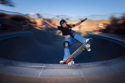 Ruby Lilley practices in a skateboard bowl ahead of the Exposure 2023 skateboarding competition in Encinitas, California, on Nov. 2.