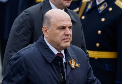 Russia's Prime Minister Mikhail Mishustin attends a military parade on Victory Day, which marks the 77th anniversary of the victory over Nazi Germany in World War II, in Red Square in Moscow on May 9, 2022.